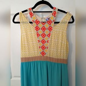 Anthropologie Flying Tomato Size Large Boho Maxi Dress Teal Yellow Coral